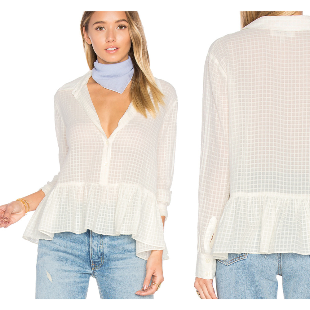 The GREAT. Clothing Ruffle Oxford Top Cream Dobby Semi Sheer Size 1